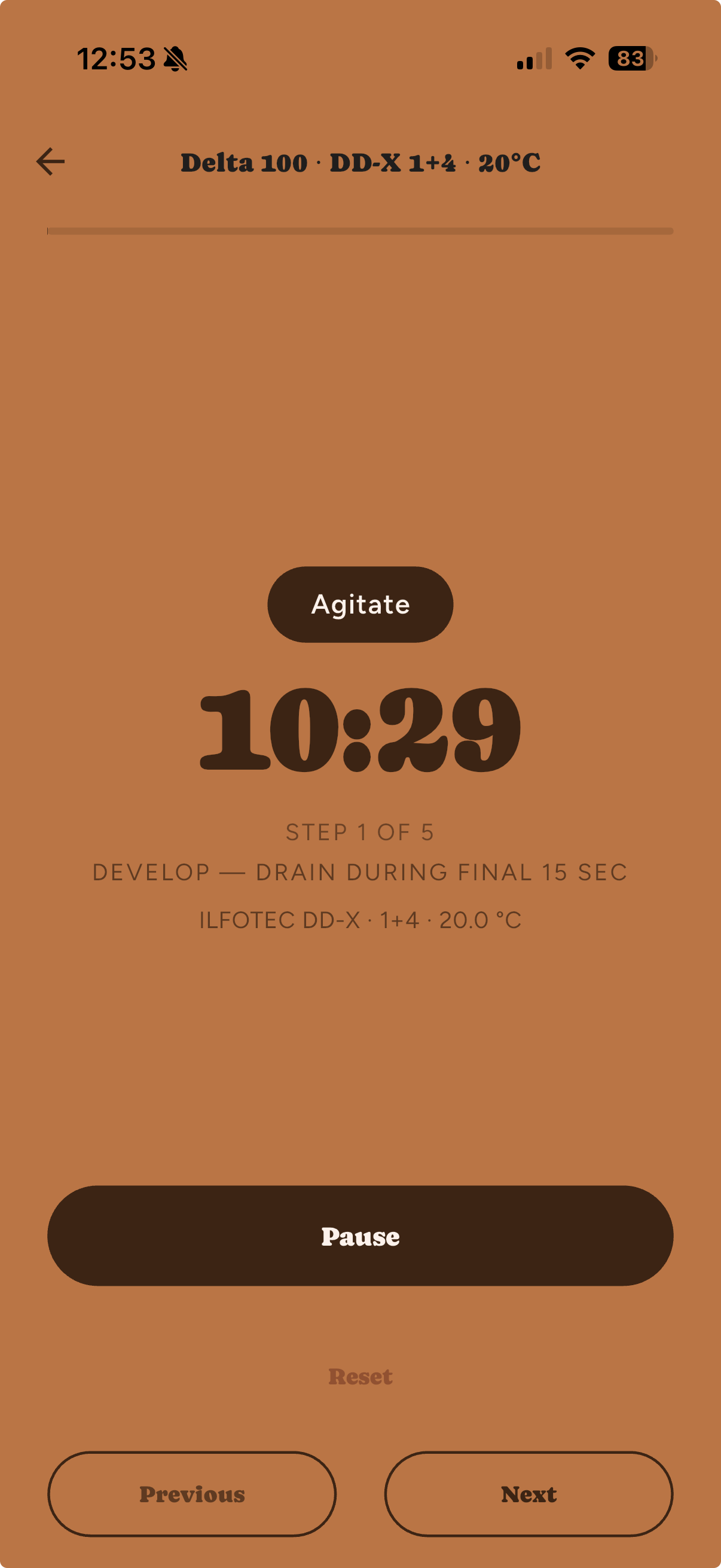 Tanktime development timer showing the current film developing step